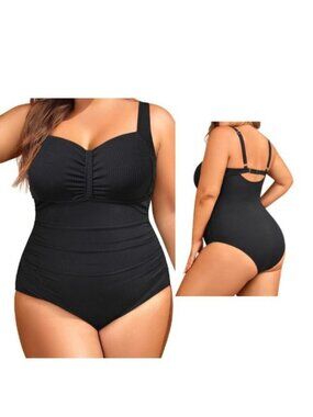20W Black Ribbed One Piece Tummy Control Swimsuit Sweetheart Neckline  NWT